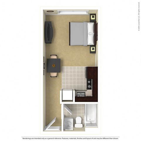 a stylized floor plan of a studio apartment at Boulder Ridge, Duluth Minnesota